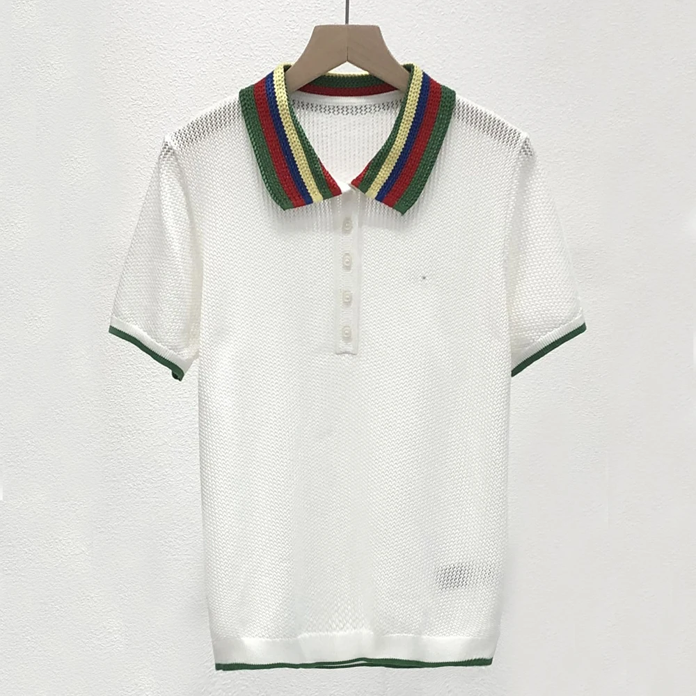 

Summer New Men's Shirt Commute Casual Color Block Collar Versatile Knitted Sweater Comfortable Short Sleeve Striped Design