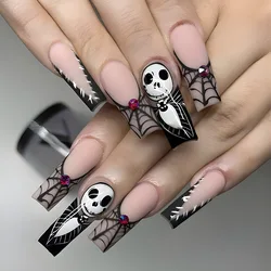 24pcs Halloween Press on Nails with Skull Black Spider Wed Design French Fake Nail Patch Full Cover Wearable False Nail Tips