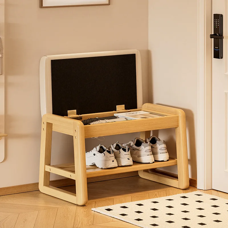 Solid wood shoe changing bench with integrated storage, long sitting bench for entryway