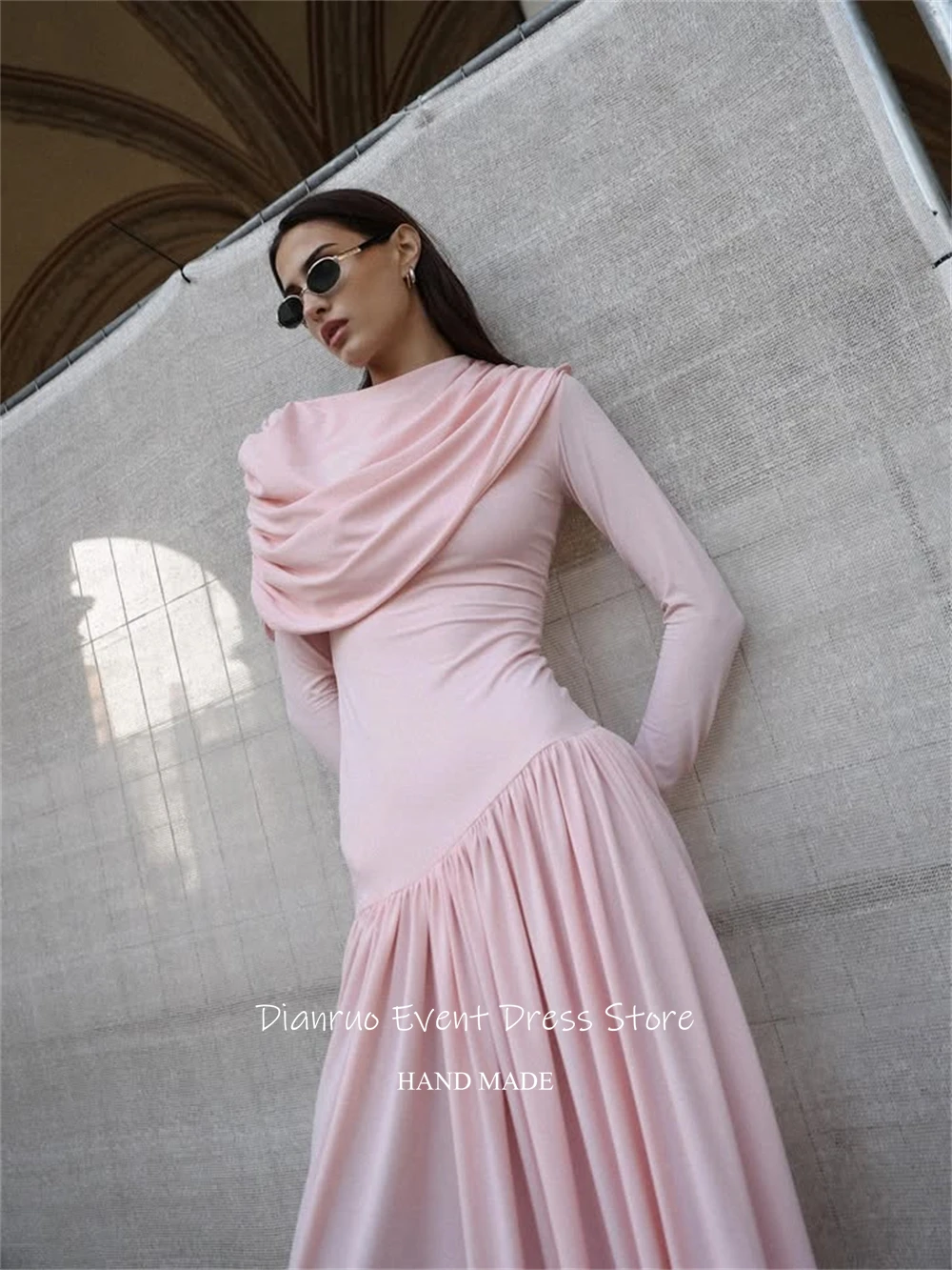 

Dianruo Pleated Modest Evening Dress High Neck Special Occasion Gown A Line Long Sleeves Floor Length Robes De Soirée Customized