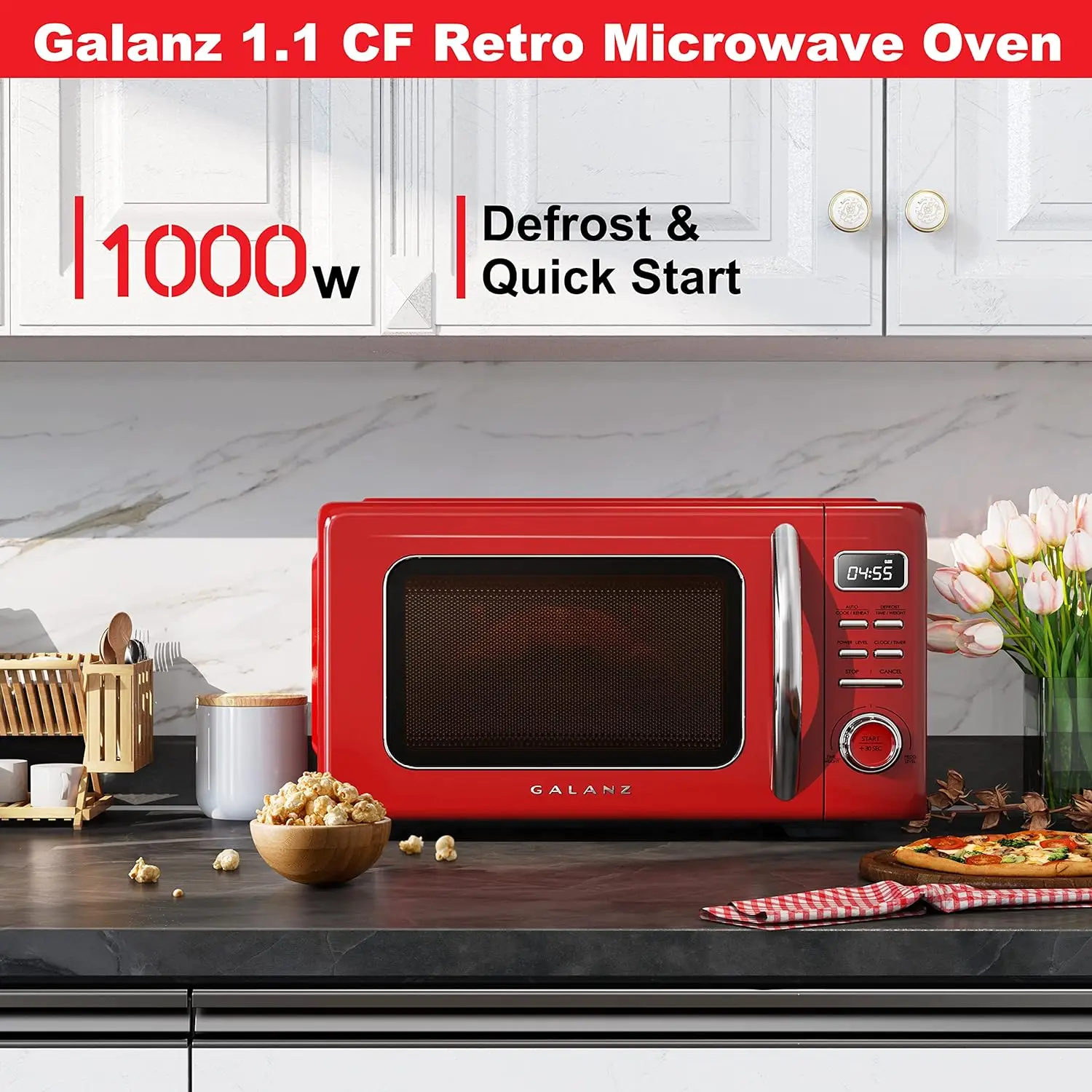 Retro Countertop Microwave Oven with Auto Cook & Reheat, Defrost, Easy Clean with Glass Turntable, Pull Handle, 1.1 cu ft