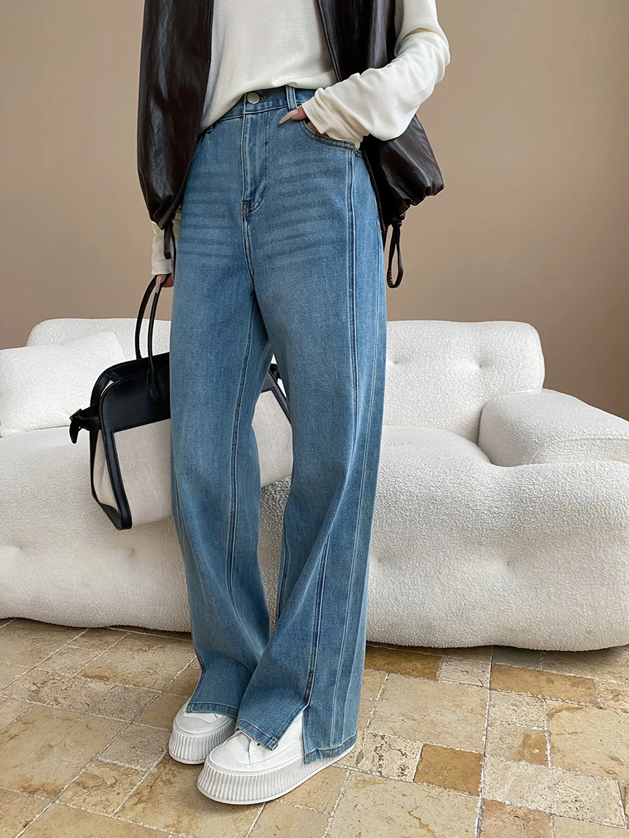 

2025 Spring And Autumn Fashionable Dividing Line Side Slit Narrow Straight Trousers Street Wear Slim Floor-Mopping Jeans