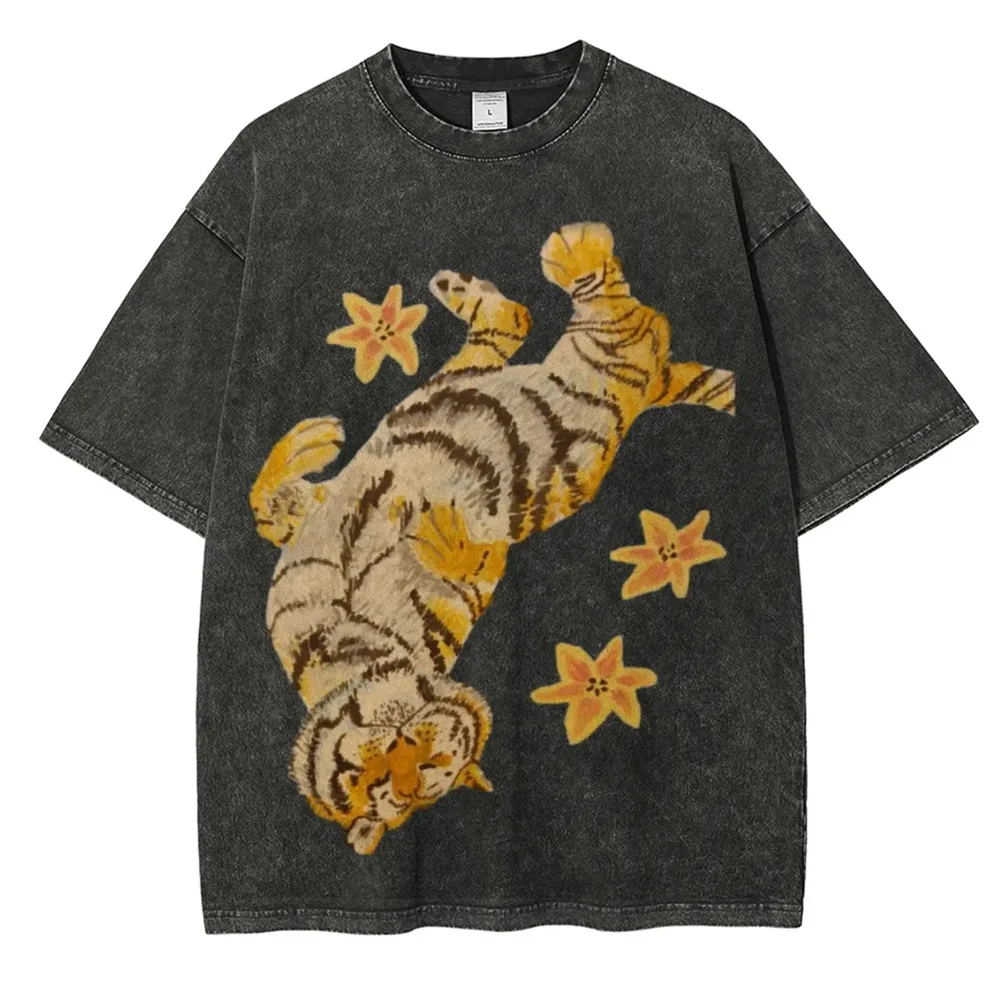 Vintage Washed Little Aliens and Happy Kittens Gather Together Joyfully Print T-Shirt Unisex Short-sleeved Retro Street Y2K Tops
