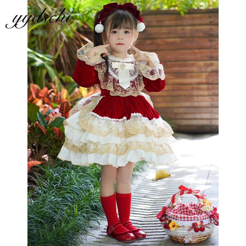 

Christmas Lolita Flower Girl Dress Birthday Court Style Sweetheart Long Sleeve Luxury Ball Gown Knee Length Princess Prom Dress