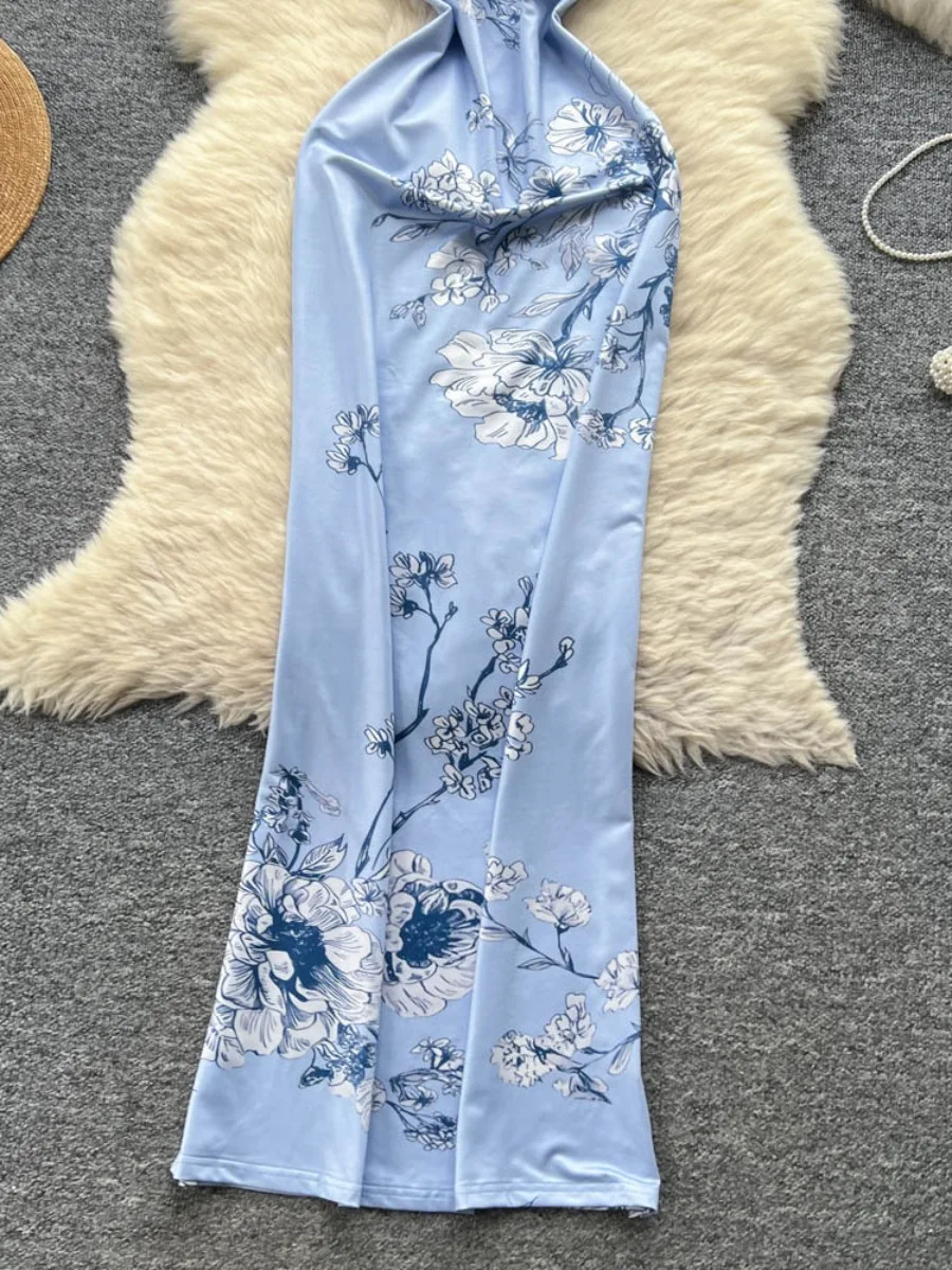 フォームリナ 2025 サマー シンチウエスト スリムフィット フレーティングドレス アメリカンフラワー プリント ボディコン マキシスカート バケーション ロングドレス