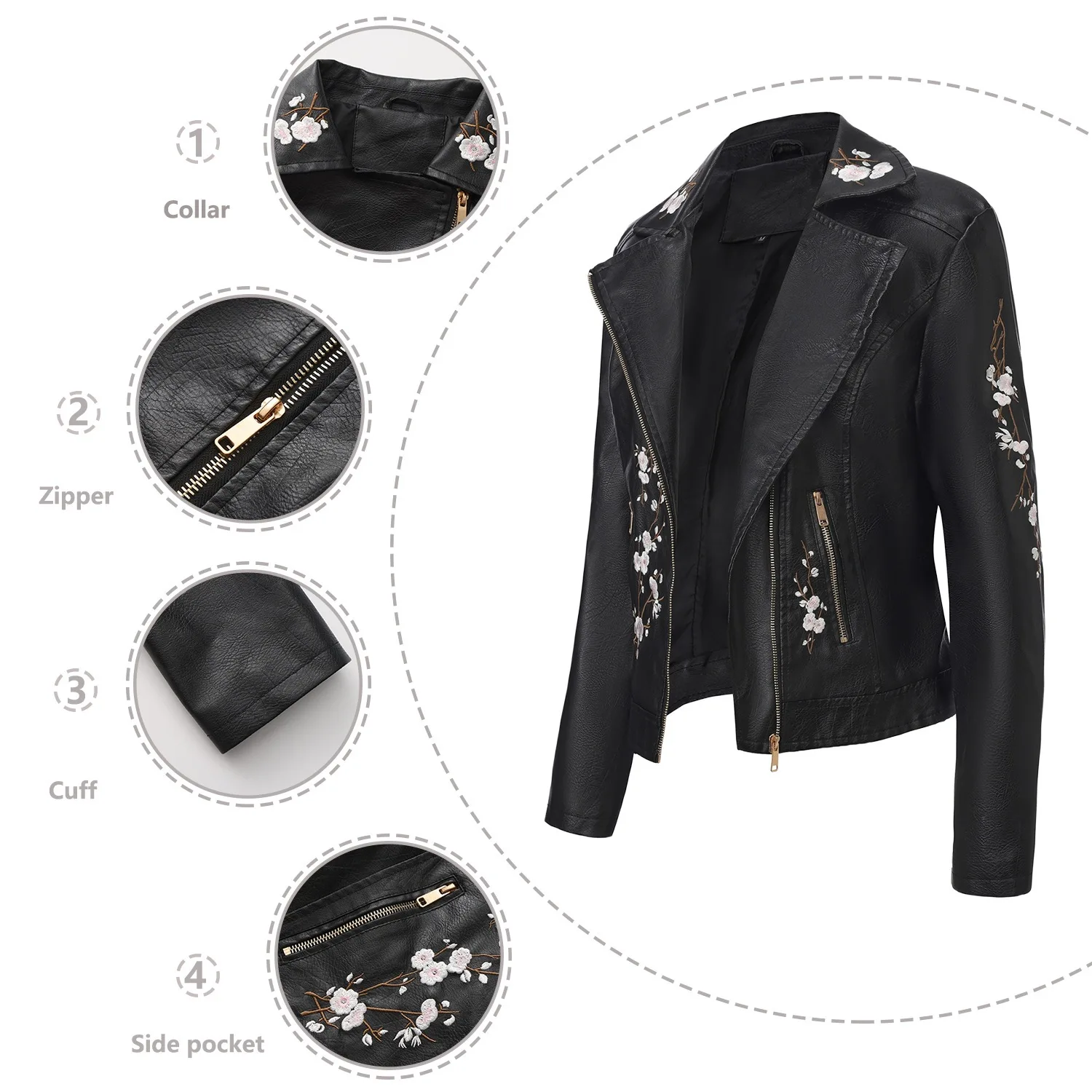 New Embroidered Leather Jacket Oblique Zipper Long Sleeve Spring And Autumn Coat Women's Motorcycle Jacket Women's Clothing