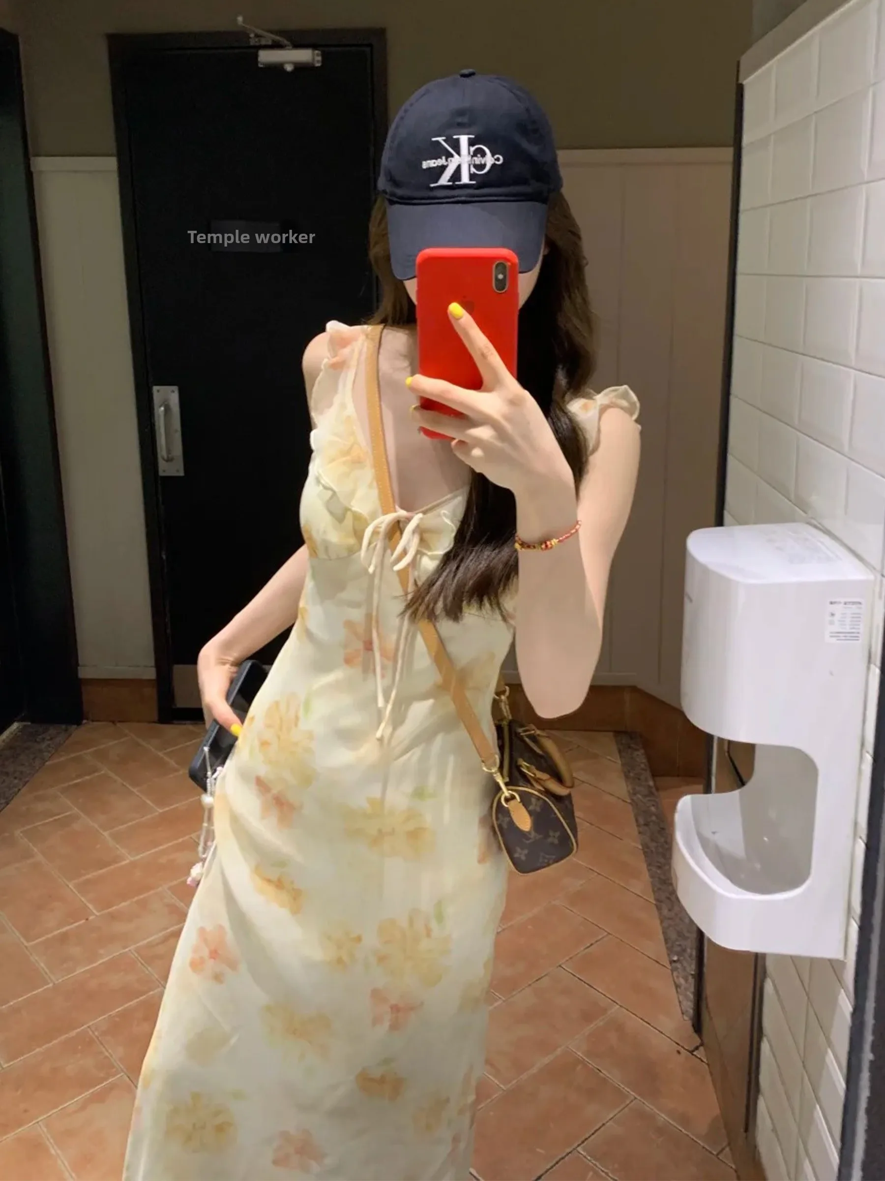 

Floral Print Halter Dress Women's Slimming Waist Design Summer Vacation Style French Elegant Skirt High Waist Gathered Polyur...