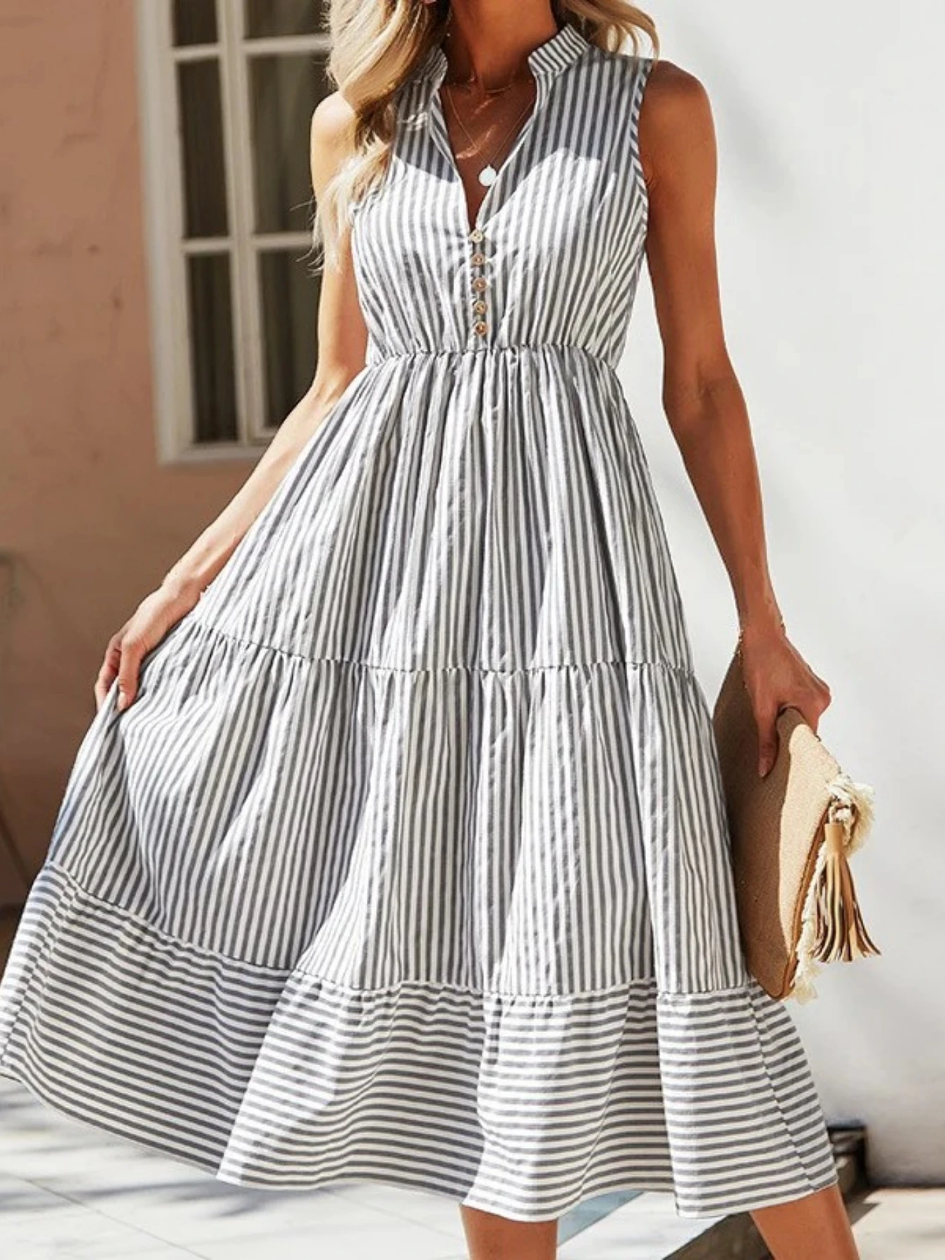 فستان نسائي مخطط بدون أكمام كاجوال فضفاض وكشكشة صلبة فستان قميص صيفي بوهو