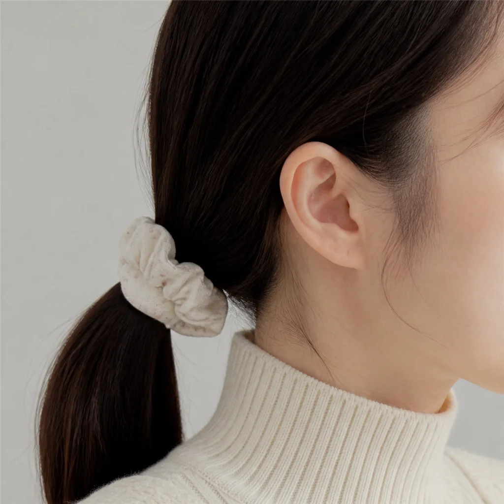 Cream Pink Bow Petite Floral Single-Layer Scrunchie Handmade Elastic Hair Tie for Ponytail and Bun 2
