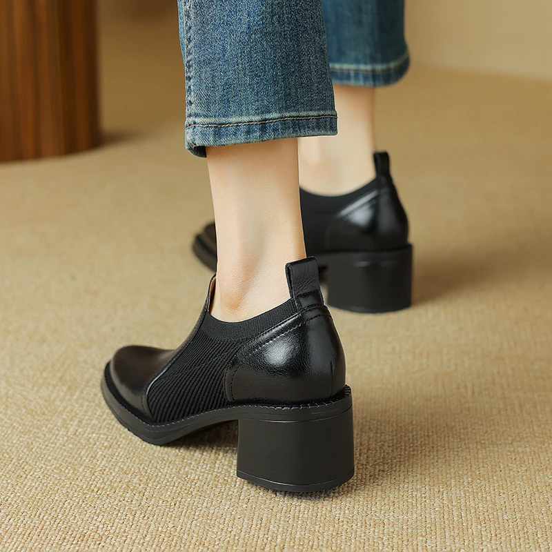 Women Genuine Leather Pumps Thick Heels Square Toe 2024 Spring Summer Office Lady Working Shoes Woman Basic Pumps Heels Women