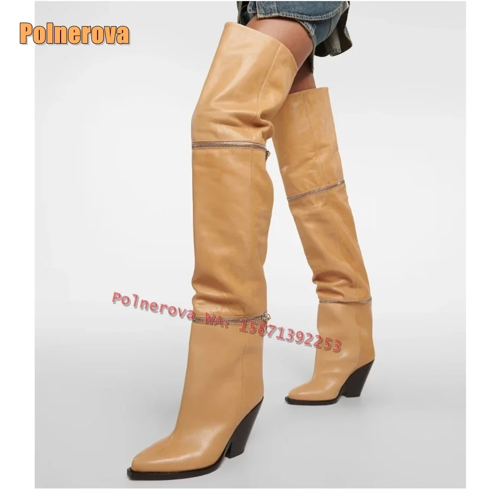 

Pointed Toe Chunky Heels Detachable Zipper Long Boots Brown Street Style Spicy Girl Over The Knee Boots 2025 Plus Size New Style