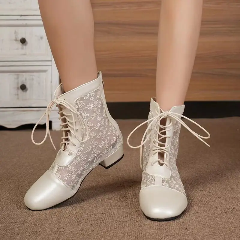 

ORCHALISA Модные женские ботильоны с круглым носком на среднем каблуке 3 см, дышащая сетка на шнуровке, размер 44 45 46 Sweet Daily Booty