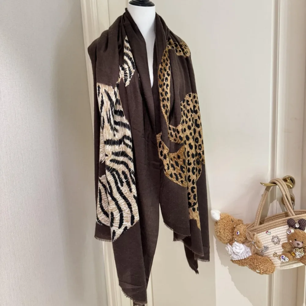 New Leopard Print Leopard Print Scarf High-End Texture Breathable Silk Scarf Lightweight Fringed Edge Fringed Shawl Head Styling