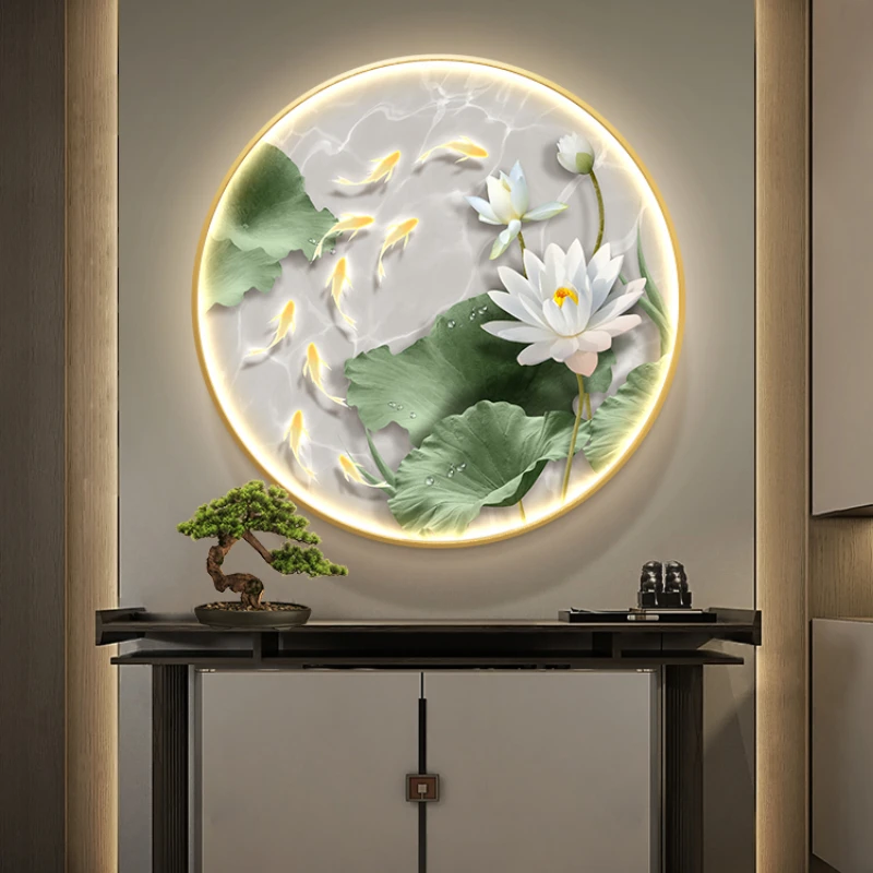 Modern minimalist decorative painting of lotus and nine fish in the entrance hall