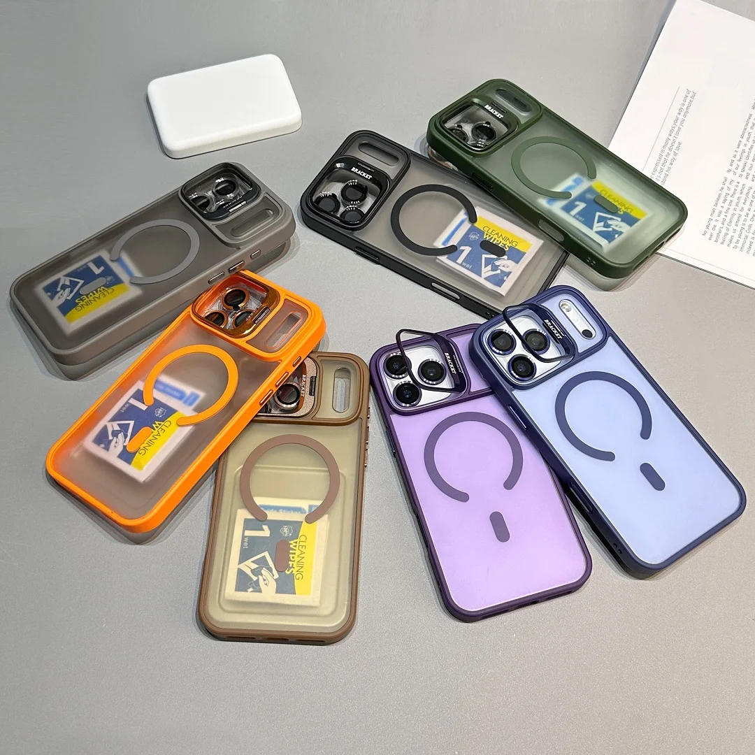 Custodia con staffa smerigliata con sensazione di pelle calda per iPhone 17 16 15 14 13 12 11 Pro Max Plus Cavalletto con copertura di ricarica wireless magnetica
