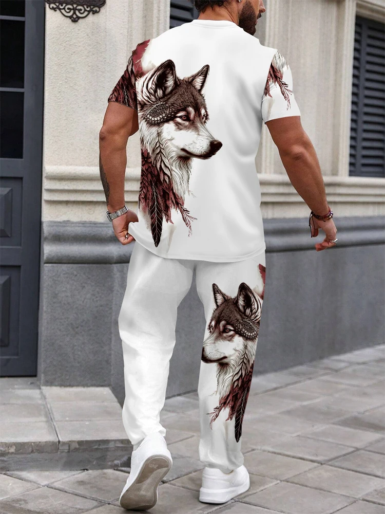 Lion print two-piece men\'s fashion wear Casual crew neck short sleeve T-shirt and trousers Summer men\'s vacation sports
