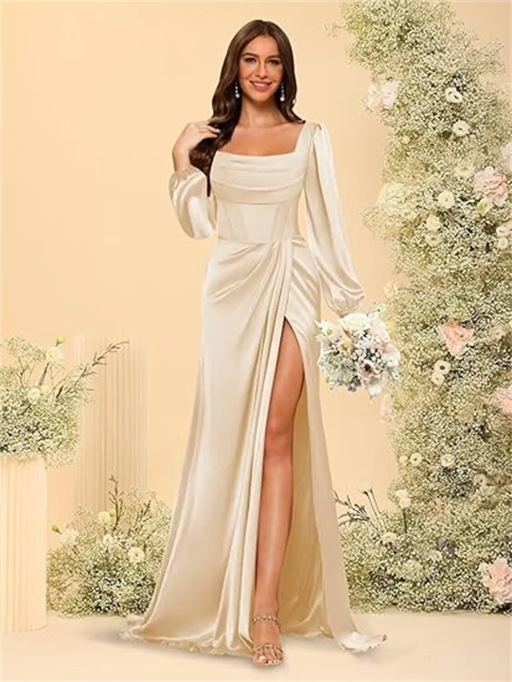 

Customized Satin Bridesmaid Dresses For Wedding Square Neck Moth Of the Bride Dress Long Sleeves Mermaid Formal Prom Party Dress