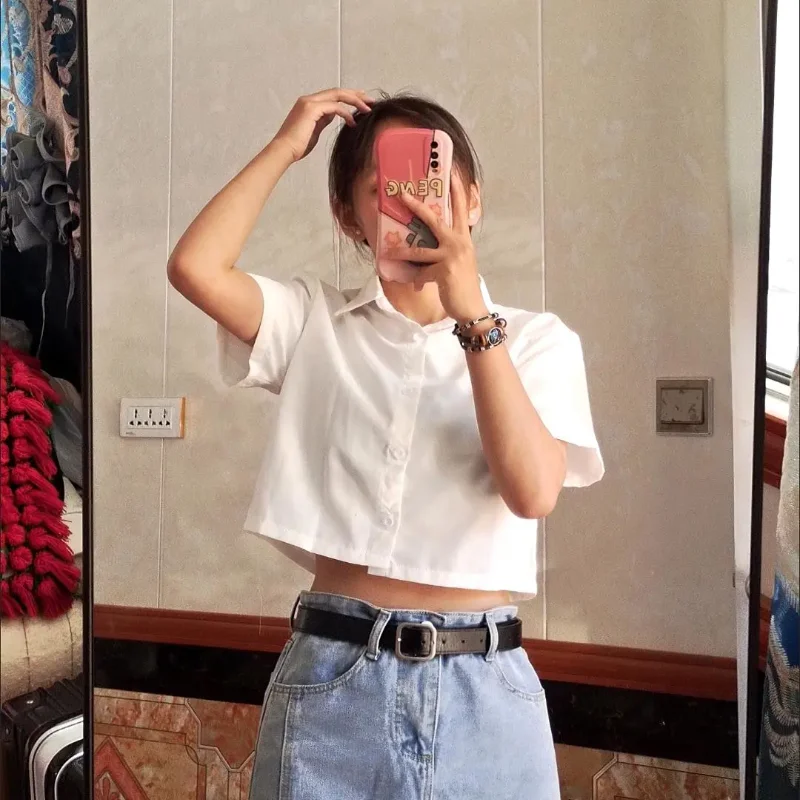 Short Sleeve Shirts Women Summer Simple Streetwear Loose Crop Causal Tops Korean Style Preppy Style All-match Literary Fashion