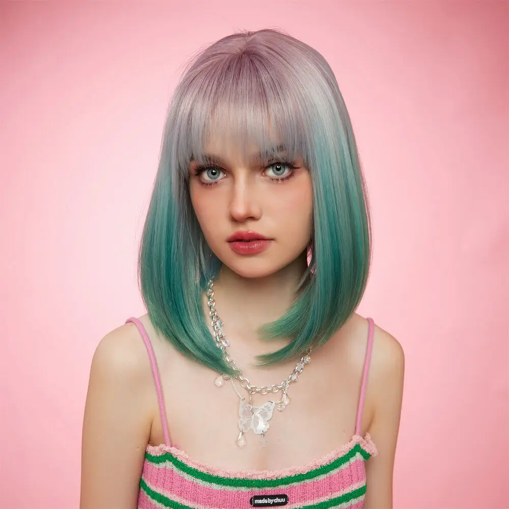 Perucas sintéticas curto BOB com franja, reto, rosa, ombre, verde