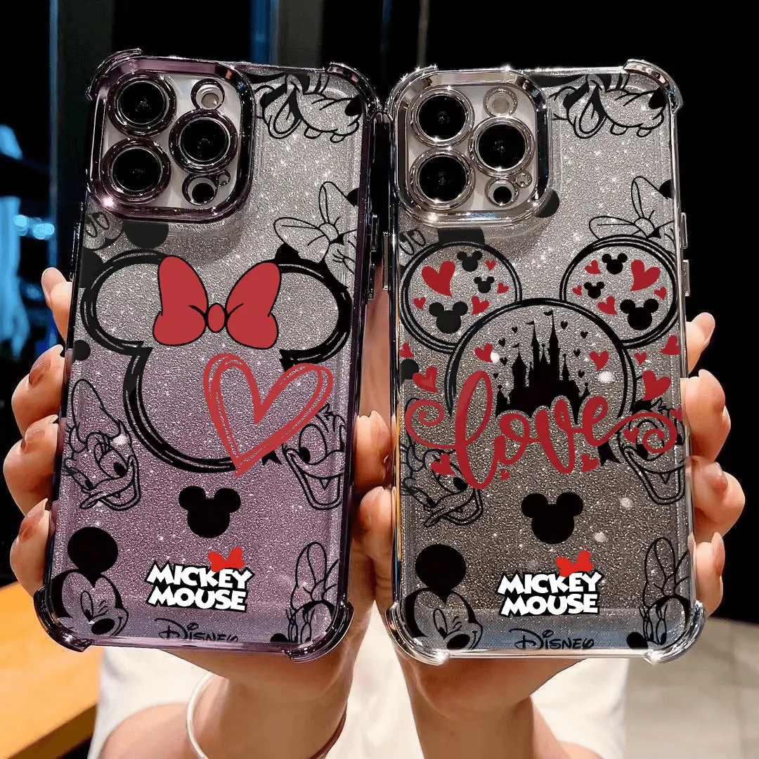 Cute Mickey Minnie Plating Case For iPhone 16 15 14 13 12 11 Pro Max X XR XSMax 7 8 Plus Shockproof Glitter Anti Fall Cover