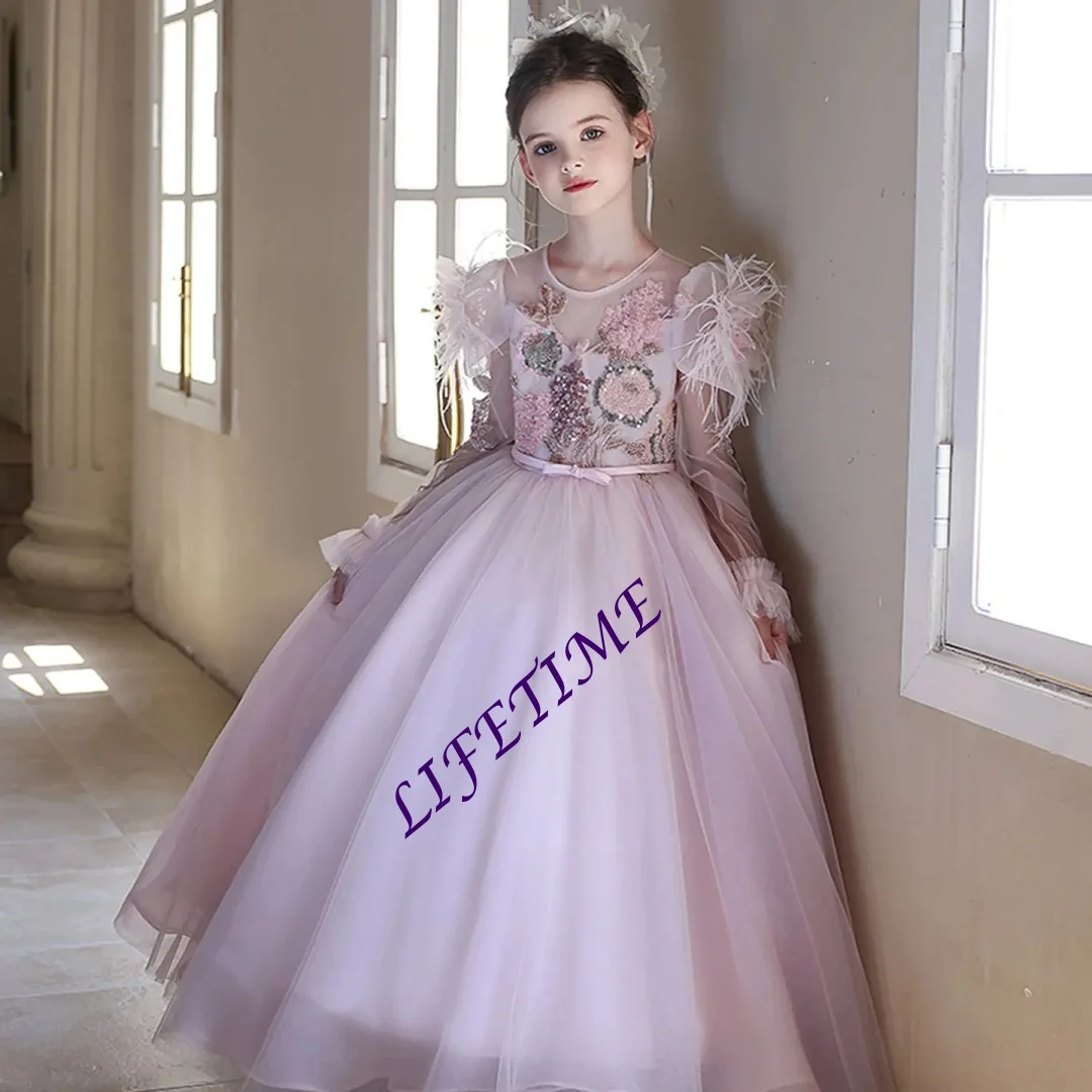 Sukienka dziewczęca z różową koronką arabską, zdobiona koralikami, z trenem typu court, w stylu księżniczki, idealna na ślub, urodziny, konkurs piękności, przyjęcie, bal wieczorowy.