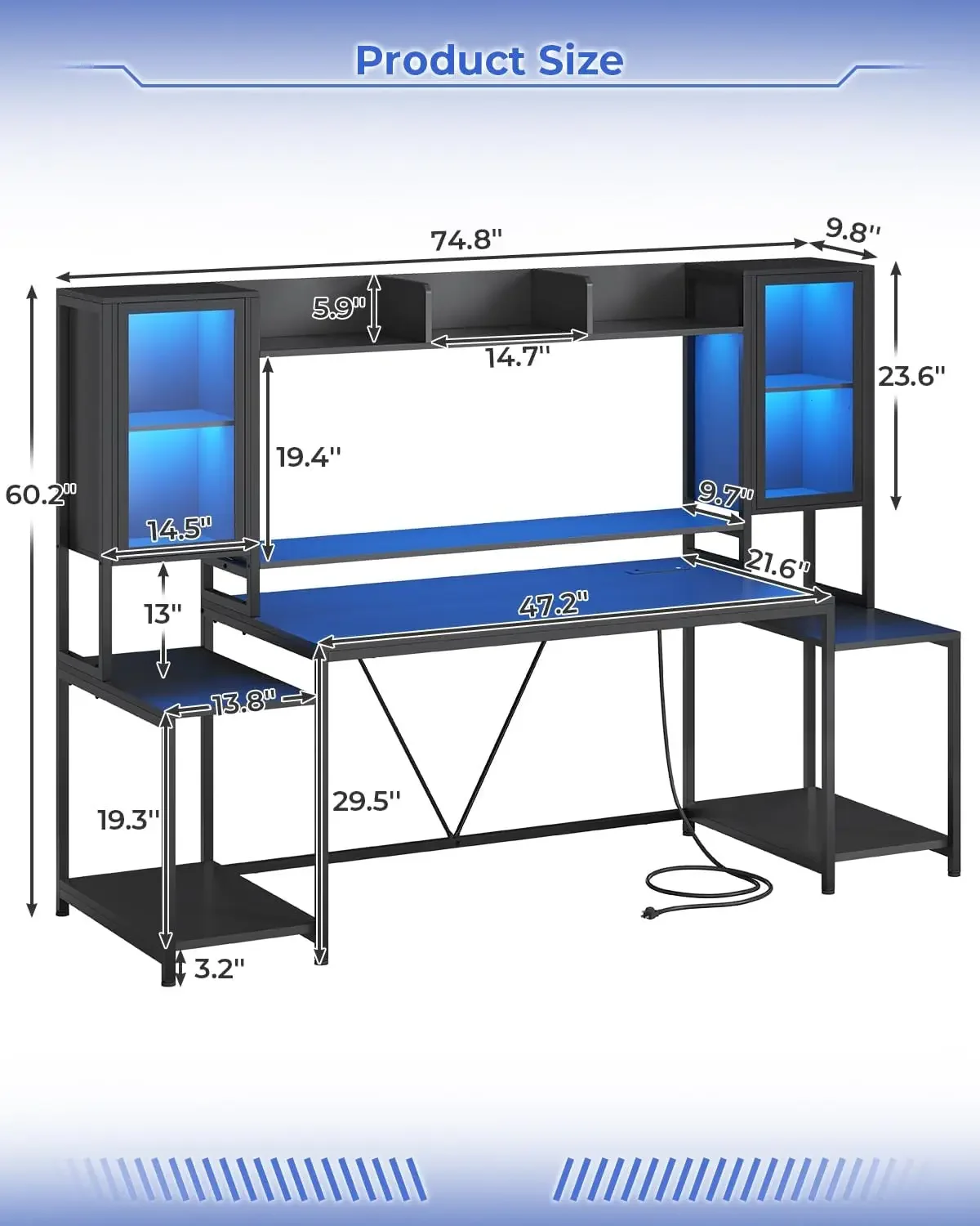 SEDETA Gaming Desk 74.8'' with LED Lights, Hutch and Storage Shelves, Computer Desk with Monitor Stand, Large PC Gamer Desk