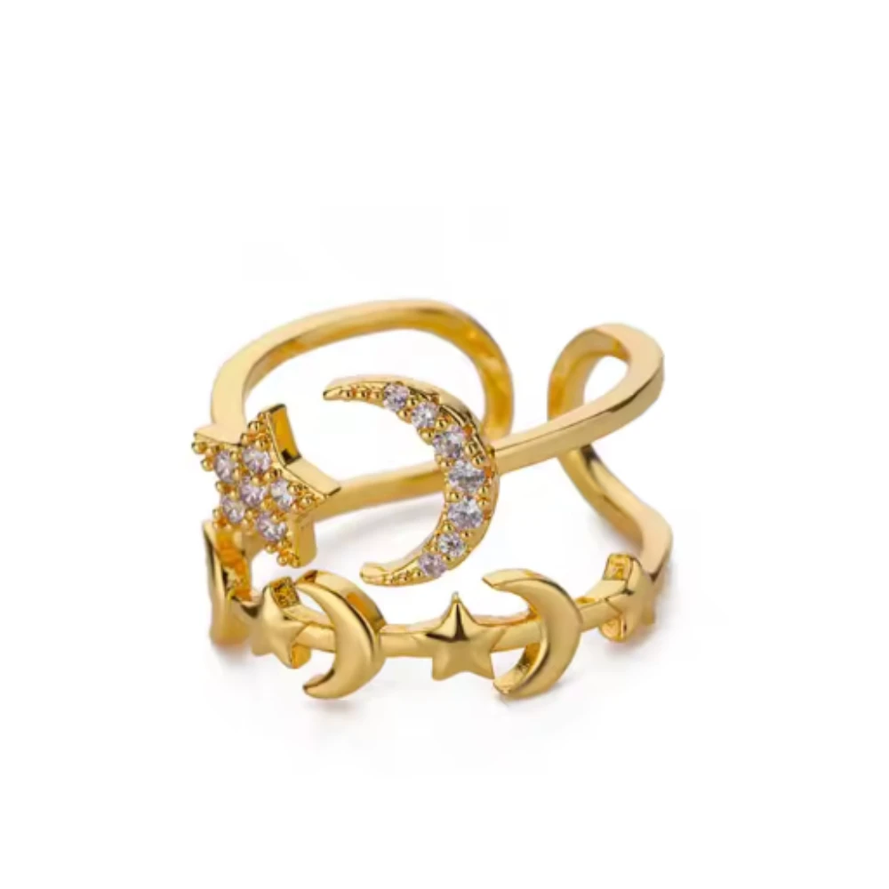 [لافتة للعين] خاتم ذهبي مرصع بالألماس مع عناصر النجمة والقمر، تصميم عصري ومتخصص، يفتح السحر