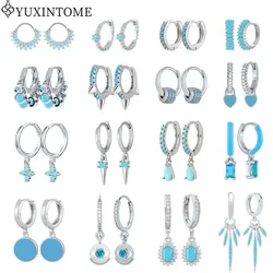 Pendientes de plata de ley 925 con colgante de turquesa azul geométrico, pendientes de aro dorados para mujer, joyería de boda de moda romántica bonita