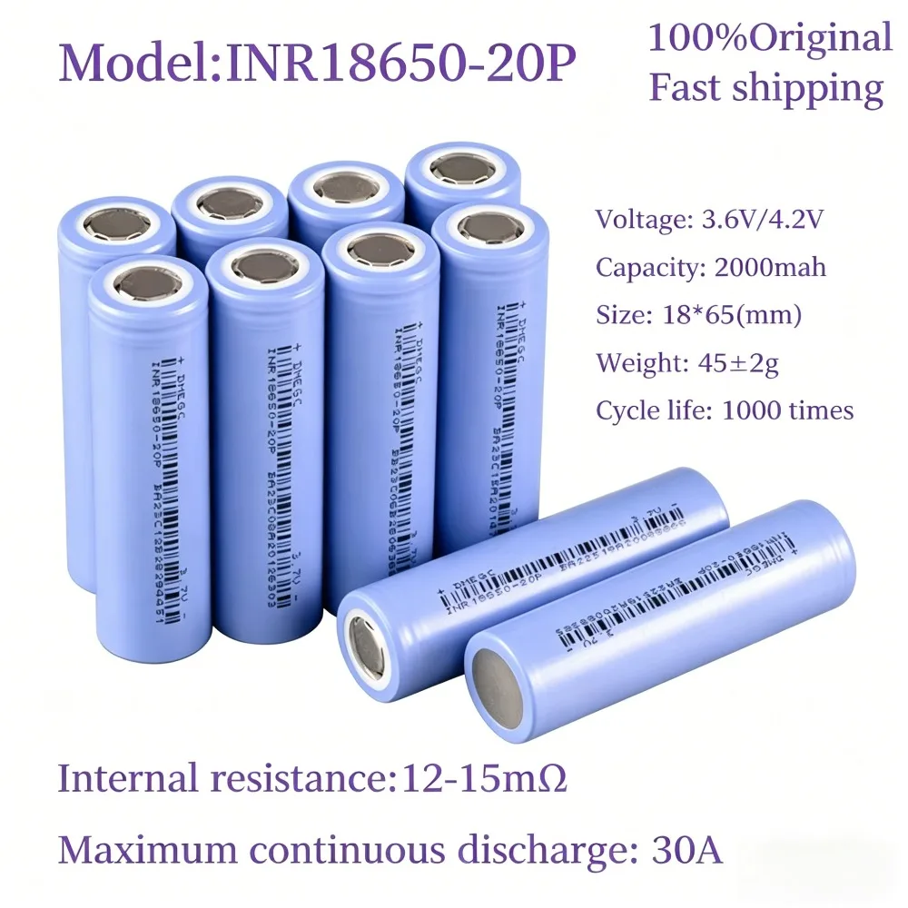 3.7V INR18650-20P Rechargeable Li-Ion Battery 2000mAh 20A Current Power Li-ion Cell for Drones and Power Electronic Devices