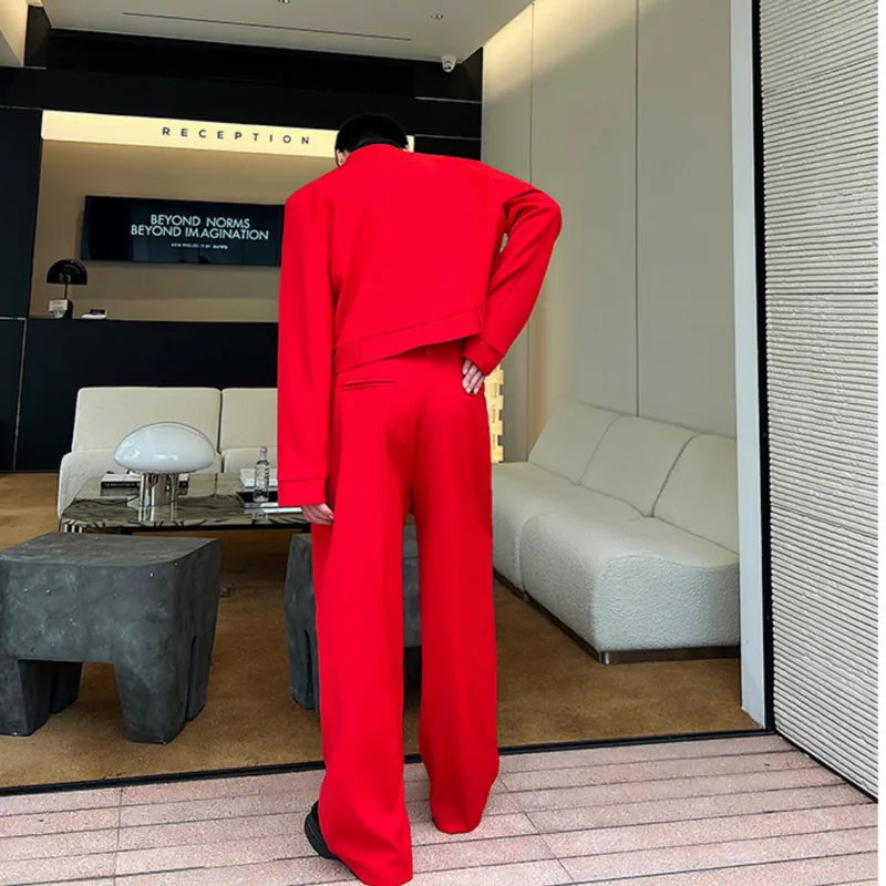 NOYMEI Red Short Blazer V-neck Straight Wide Leg Suit Pants Men's Two Pieces Set All-match Trendy Korean Style Autumn WA2579