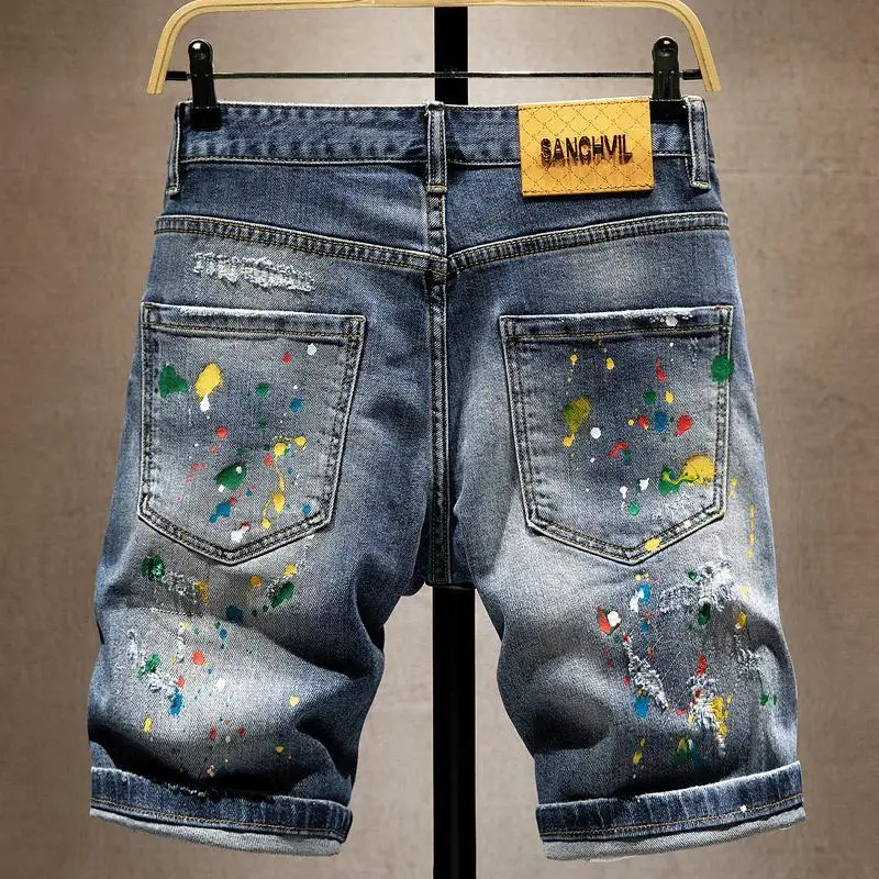 Beggar Ripped Denim Shorts Men's Summer Trendy Brand Ruffian Handsome Ink-splashing Elastic Washed Breeches Thin Short Pants