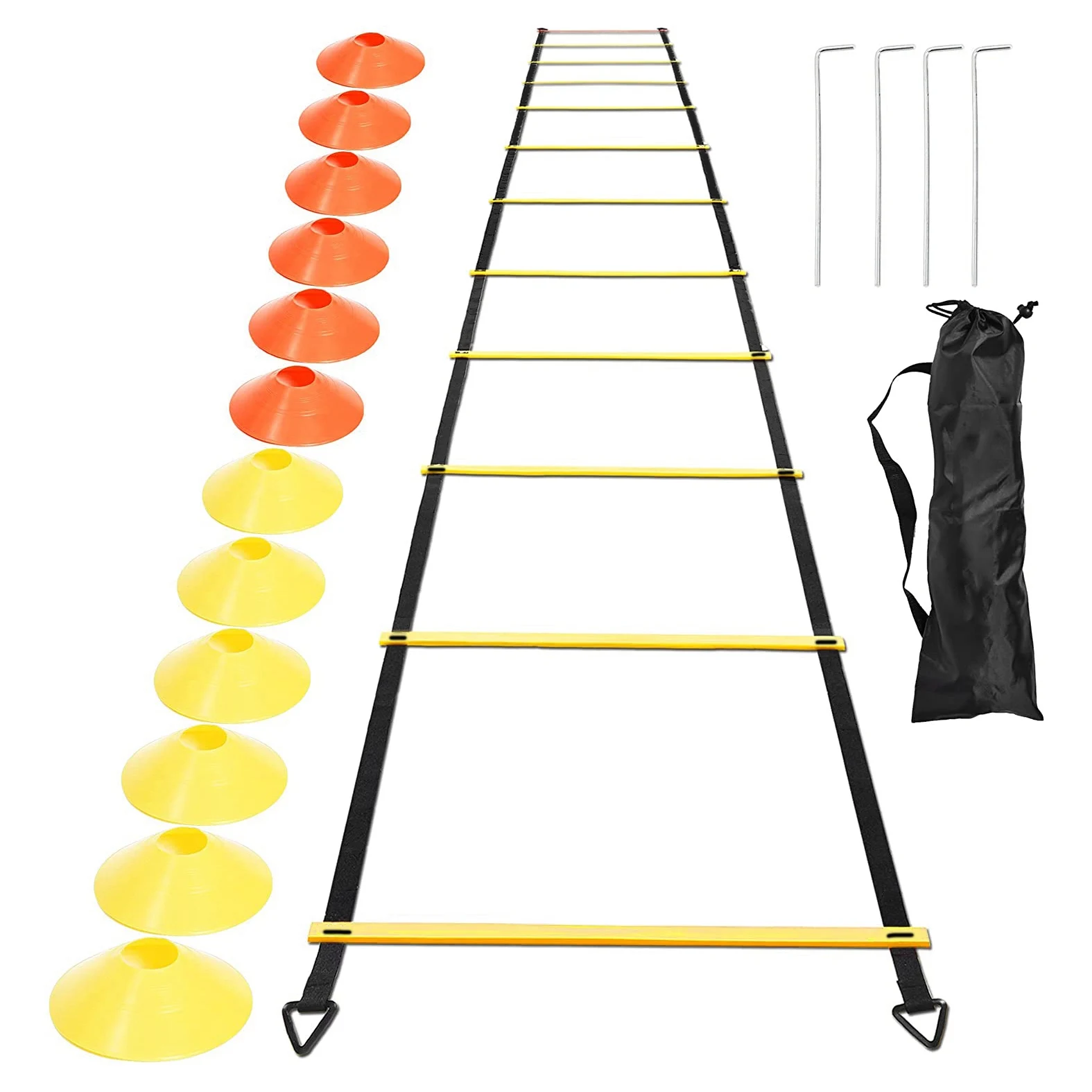 Sports Speed Agility Training Set 12 Disc Cones 4 Steel Stakes and Agility Ladder for Football Basketball Rugby Track