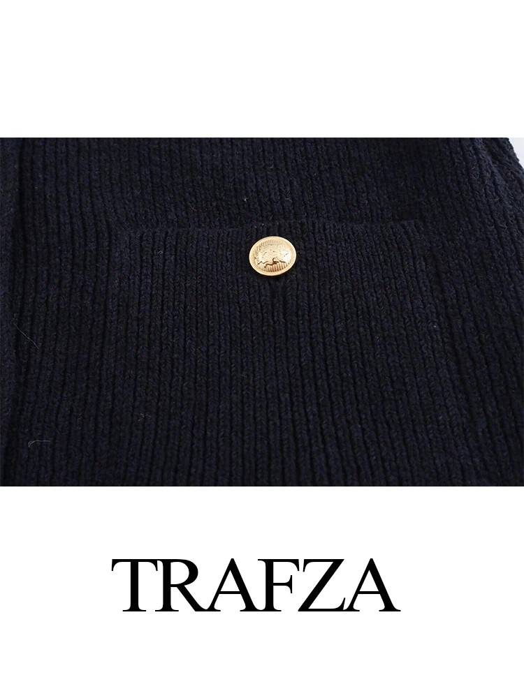 TRAFZA 2024 Vintage Women Solid Knitted Waistcoat Sleeveless Pocket Single Breasted Slim Cardigan Jacket Vest Chic Lady Crop Top