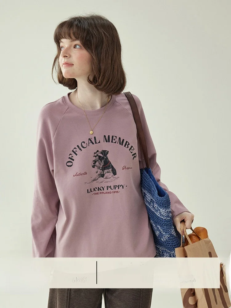 

Loose Fit American Sle Dog Print T-irt Women's Winter New Age Reduction oulder Sve Insertion round Ne Cotton Blend