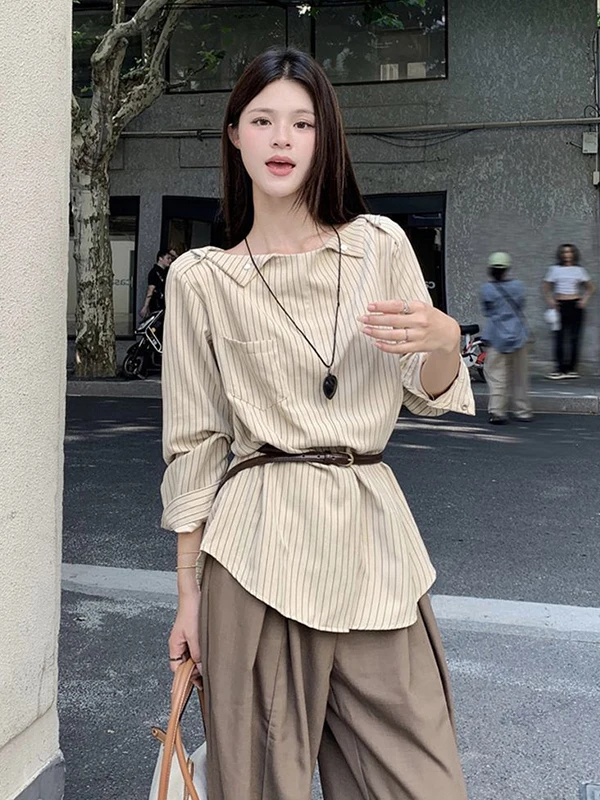 Camisa a rayas de manga larga de talla grande 300 para mujer, informal, de otoño, prenda exterior elegante, tela de alta calidad, sin necesidad de planchar.