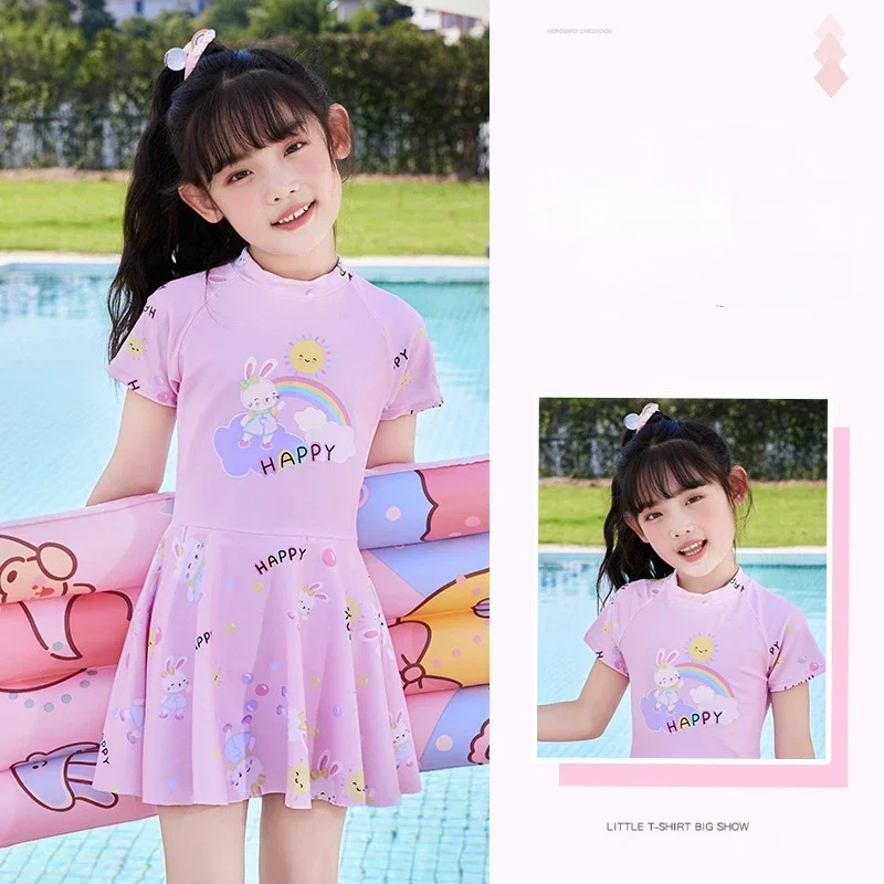 Cartoon Swimsuit for Kids, Long Ears, Rainbow Rabbit Swimwear,  Pink One-piece Swim Dress 4-12 Years Old, New, 2024