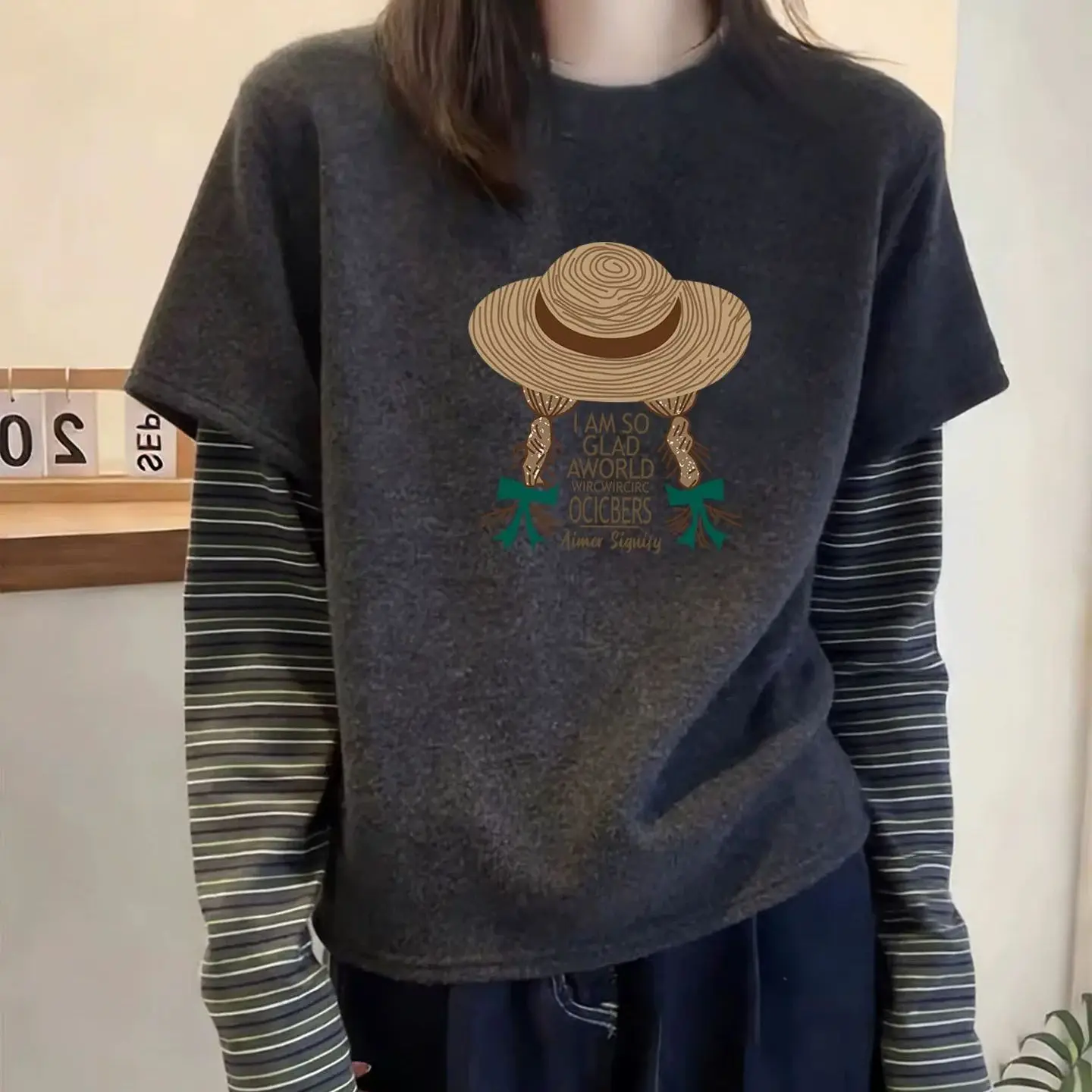 Women Cartoon Animal Print Long Sleeve T Shirt Hip Hop Fake Two Piece Striped Dralon Thermal Base Layer Shirt Trendy Warm Tops