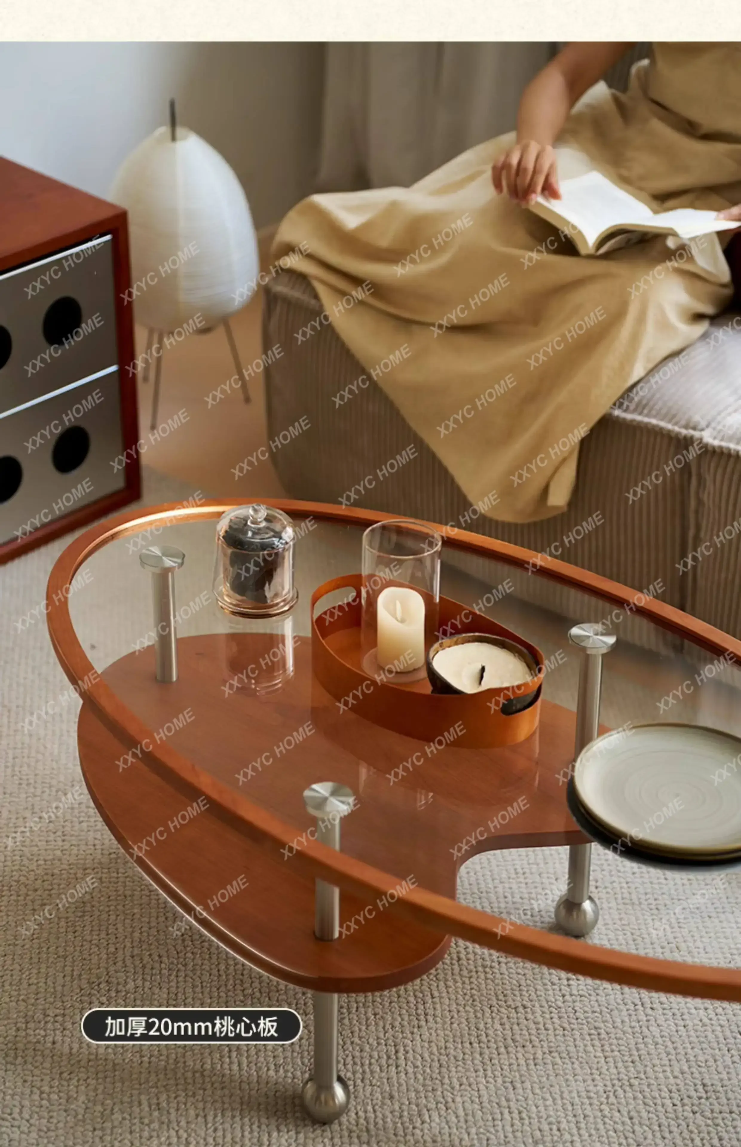 Retro solid wood tempered glass stainless steel oval coffee table small apartment living room creative coffee table