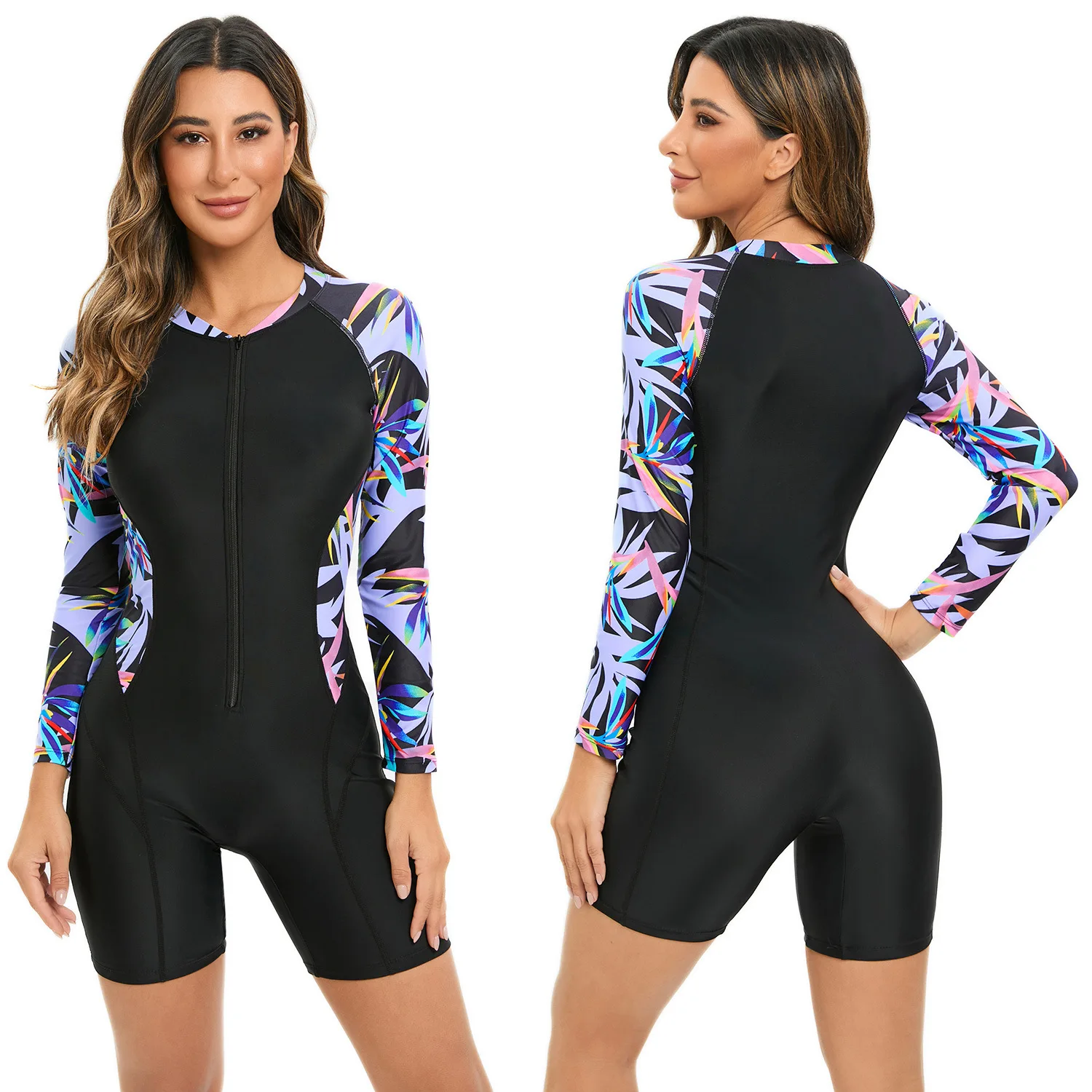 Summer Women Long Sleeved Flat Angle Shorts One Piece Suit Rash Guards Surfing Bikini Wetsuit Snorkeling Windsurfing Swimwear