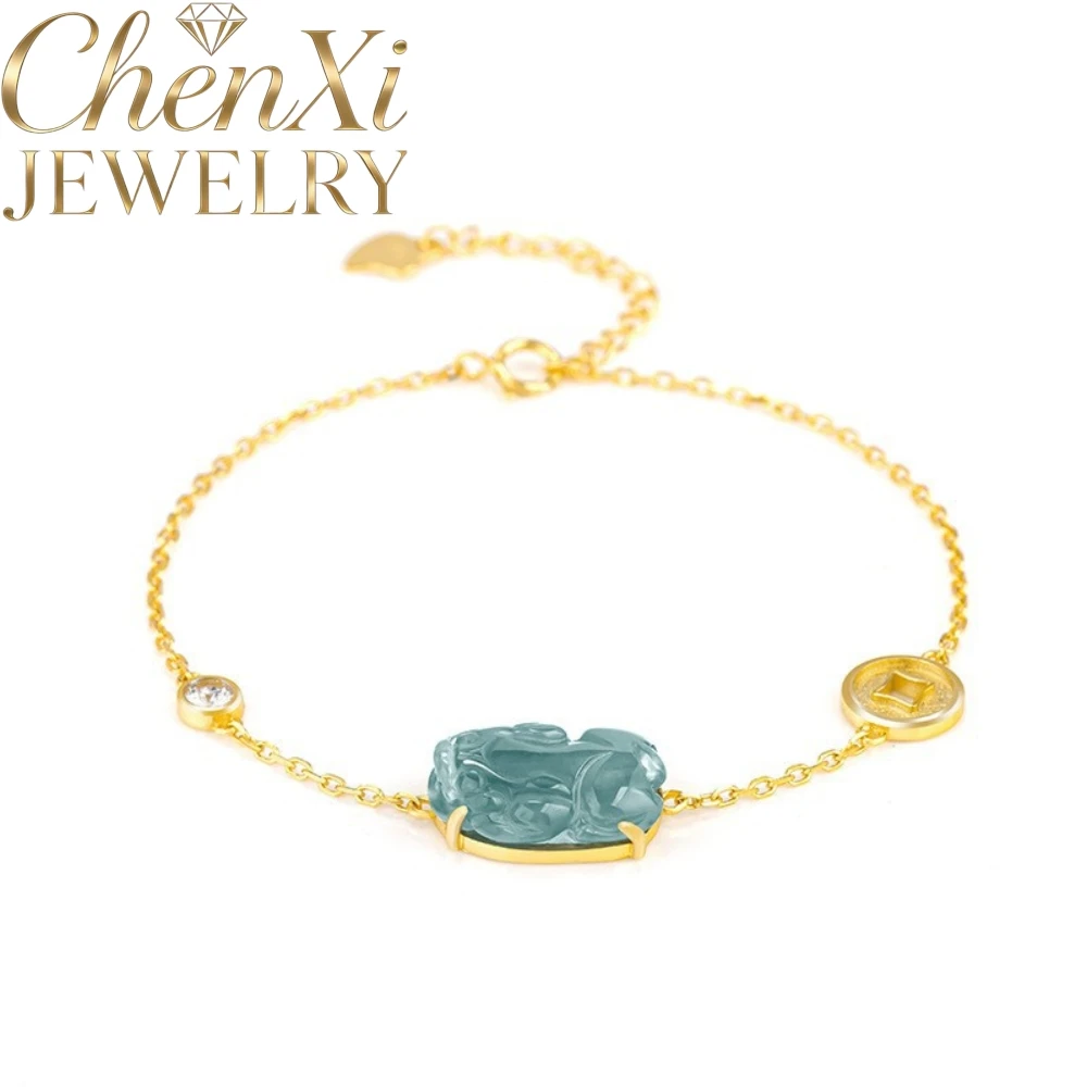 Genuine Natural Myanmar Grade A Icy Blue Water Jadeite Pixiu Bracelet S925 Inlaid Adjustable Fashion Wrist Jewelry Daily Gift