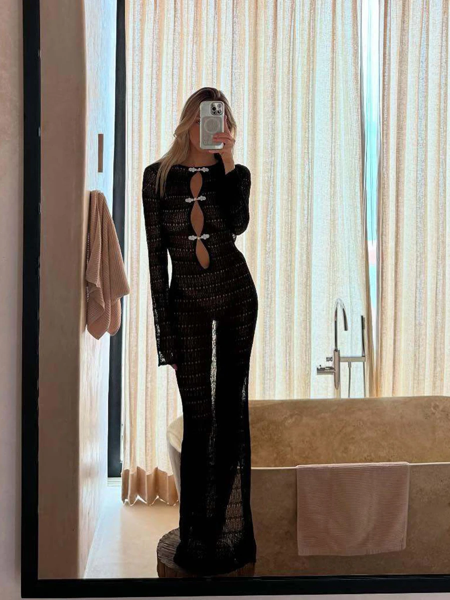 

Solid Hollow Out Backless Long Dress Women O Neck Long Sleeve Transparent A-line Dresses Summer Beach Holiday Slim Knitted Robe
