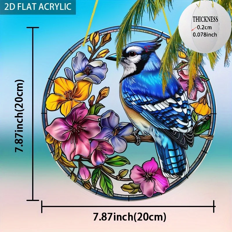 Acrylic Painting Vibrant Blue Jay Perched on Branch with Colorful Florals Stained Glass Style Round Wall Decor, 2D Flat Printing