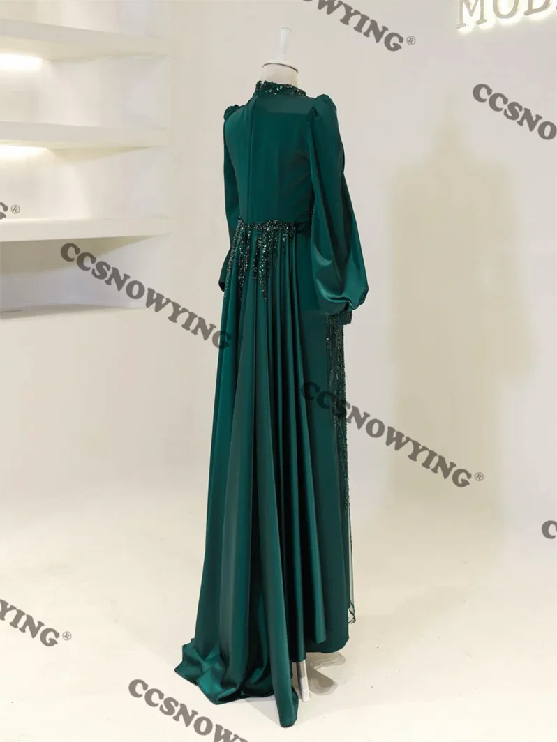 Satin Appliques Beaded Muslim Hijab Evening Dresses Full Sleeve Islamic Formal Party Gown Women Arabic Kaftan Robe De Soiree