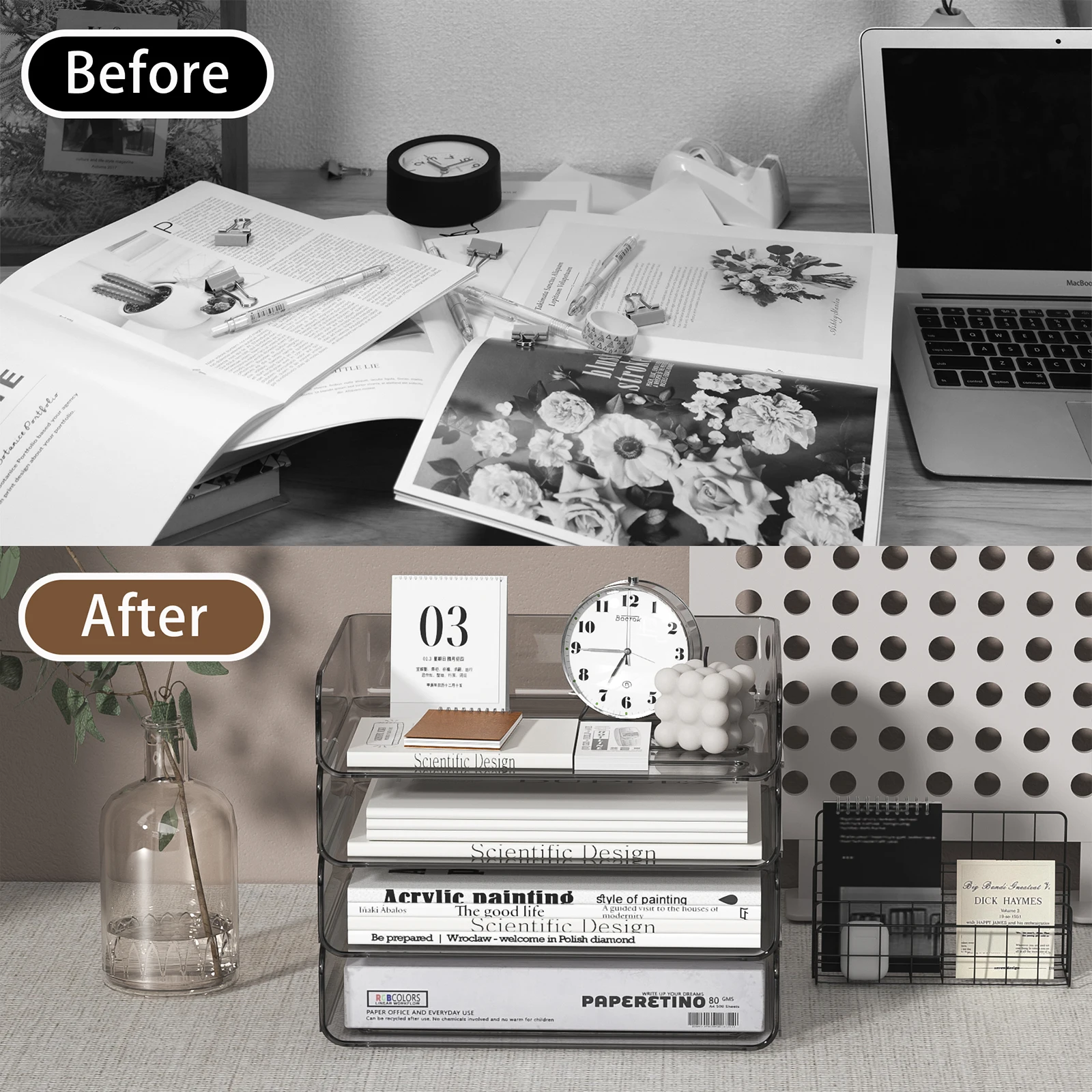 4단 용지 트레이 데스크 정리함, 펜 홀더가 있는 용지 정리함, 쌓을 수 있는 용지 트레이, 파일용 용지 정리함 용지 트레이