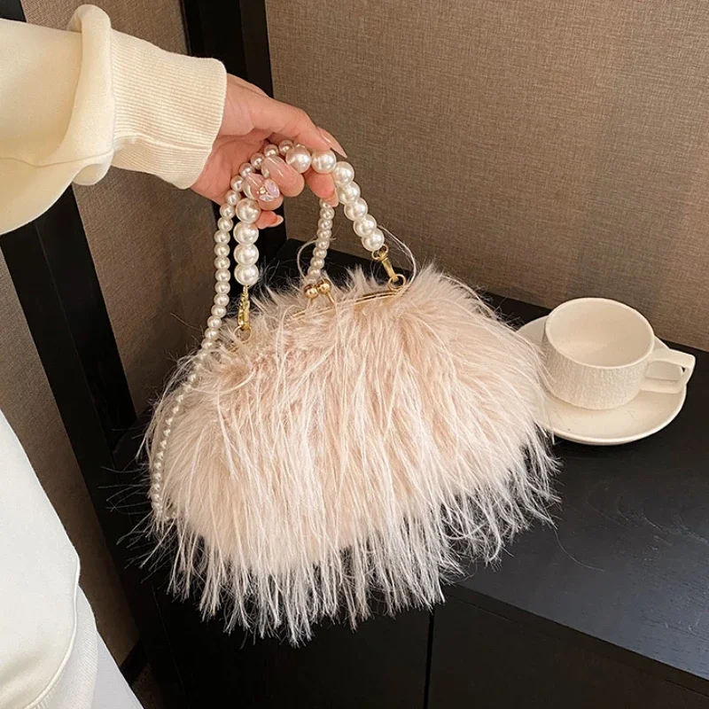 

Small Soft Plush Beaded Shoulder Side Bag for Women 2025 Winter Fashion Trend Design Handbags Clutch Bags