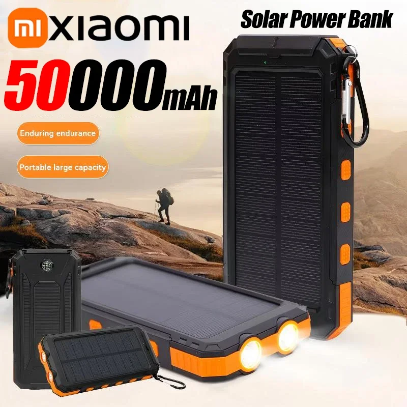 Banco de energía Solar de 50000mAh, cargador portátil de carga rápida de gran capacidad, cordón, brújula, batería externa, energía de respaldo para exteriores