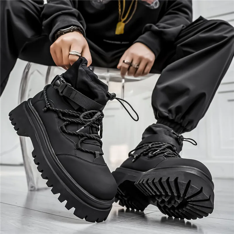 แฟชั่นผู้ชายรองเท้าสบายๆDesigner High Top Mensข้อเท้ารองเท้าฤดูหนาวรองเท้าทํางานBreathableเดินรองเท้าผ้าใบรองเท้าหนังสีดํา