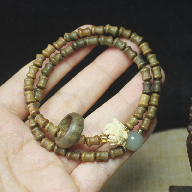 Green Sandalwood Bamboo Joint Boxwood Lotus Bead Bracelet Double Loop Style with Sliding Ring Personalized DIY Jewelry Prayer Be