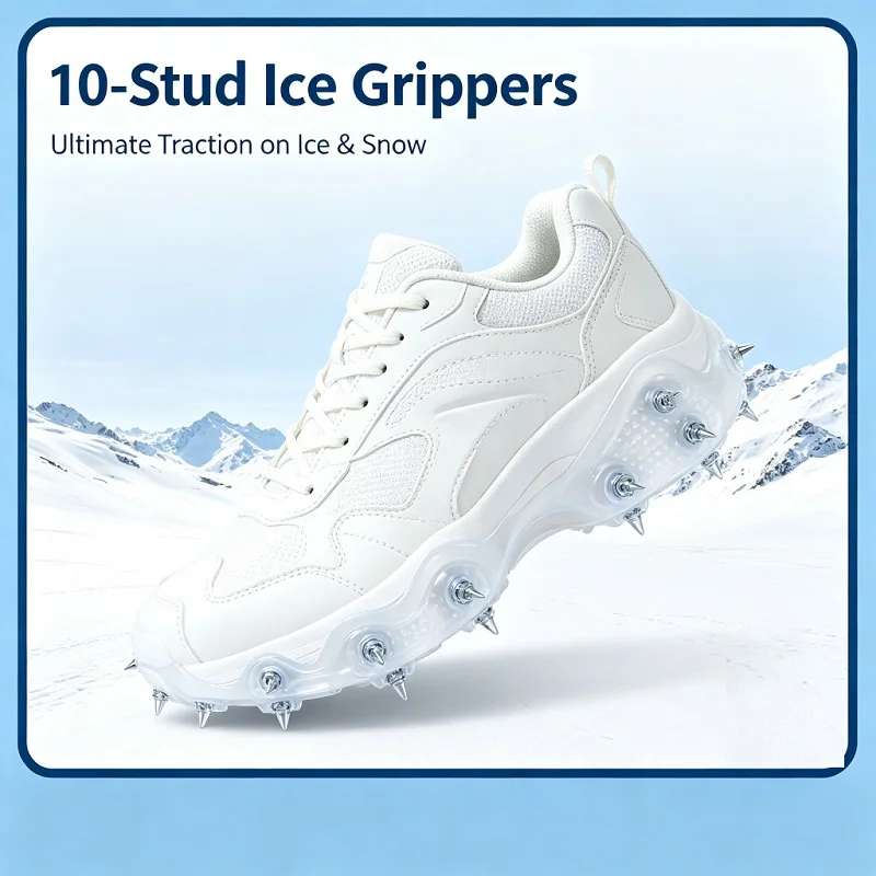 Ice Cleats 10 Studs Anti-Slip Snow Grippers Manganese Steel Spikes TPE Winter Traction for Walking on Ice Men Women