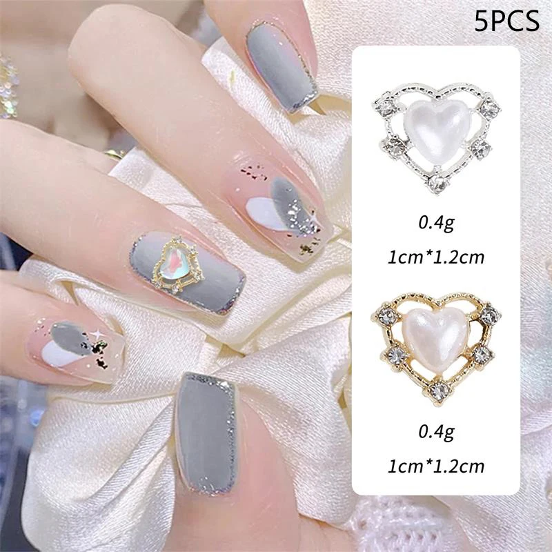 

5Pcs/Bag Fashion Hollow Diamond Heart Nail Art Accessories Gold Silver Heart-shaped Pearls Manicure Jewelry DIY Nail Charm Decor